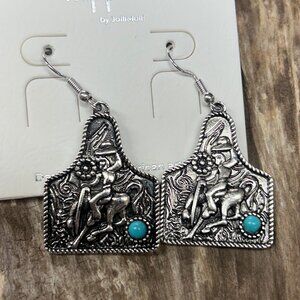 NEW Bucking horse Cow tag Earrings with Turquoise